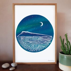 Art Giclée Print by artist Ellie Newbury featuring the Isle of Portland, Dorset. silhouetted against a night time, galaxy sky with Chesil beach and an energetic sea in the foreground.