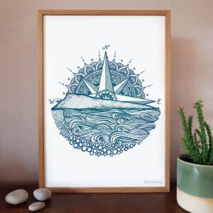 Art Giclée Print by artist Ellie Newbury featuring the Isle of Portland against an ornamental wind rose mandala.