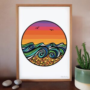 Art Giclée Print by artist Ellie Newbury featuring flowing waves in a bold, colourful style below a sunset sky with pebbles in the foreground.
