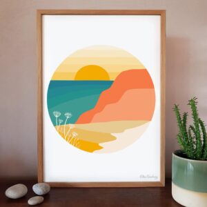 Art Giclee Print by artist Ellie Newbury featuring a warm, sunset ocean landscape with rugged cliffs and turquoise waters beneath a yellow, sunset sky.
