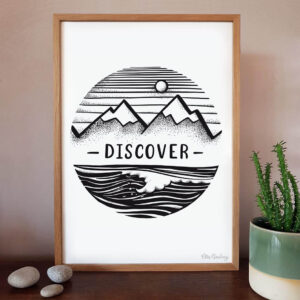 Art Giclée Print by artist Ellie Newbury featuring a contemporary, black and white image of mountains above a sea with the word 'discover' in the middle.