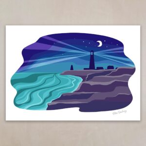 Art Giclée Print by artist Ellie Newbury featuring Portland Bill lighthouse, rugged cliffs and sea at night time with a calming selection of blue tones throughout.