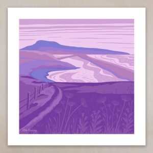 Art Giclée Print by artist Ellie Newbury featuring a landscape and seascape view of Isle of Portland, Dorset and Chesil beach across the Fleet.