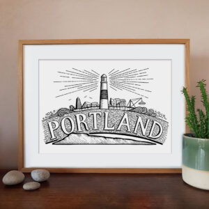 Art Giclée Print by artist Ellie Newbury celebrating the Isle of Portland, Dorset. Featuring icons of Portland bill such as the lighthouse, crane, beach huts and sea.