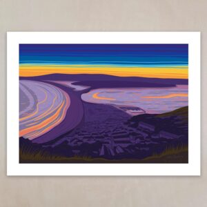 Art Giclée Print by artist Ellie Newbury featuring a beautiful sunset view from the the Isle of Portland, looking out towards Portland Harbour, Chesil beach and Weymouth, Dorset.