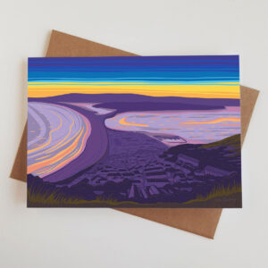 'Heights View' greetings card featuring an artwork of the view across Portland Harbour, Chesil beach and towards Weymouth, Dorset.