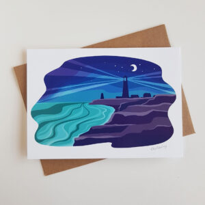 'Portland Bill Night Blues' art greetings card featuring an Isle of Portland, Dorset, landscape.