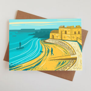 'Portland Castle' greetings card featuring an artwork of this Isle of Portland, Dorset, landscape.