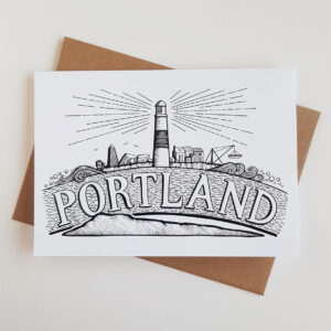 'Portland Bill Icons' art greetings card featuring an Isle of Portland, Dorset, landscape.