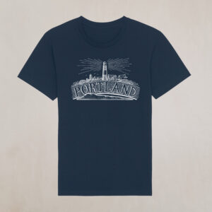 Portland Bill Icons Navy T-shirt celebrating the Isle of Portland