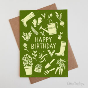 A gardening themed birthday greetings card