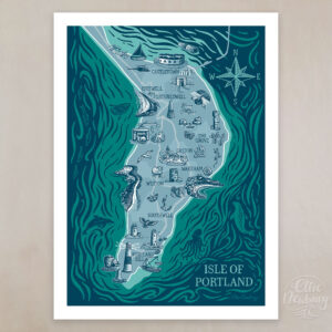 Archival art Giclée Print by artist Ellie Newbury featuring an illustrated map of the Isle of Portland, Dorset. Inspired by Portland’s wonderfully unique and rugged character, from its dramatic cliffs and historic landmarks to the small details that make it so special.